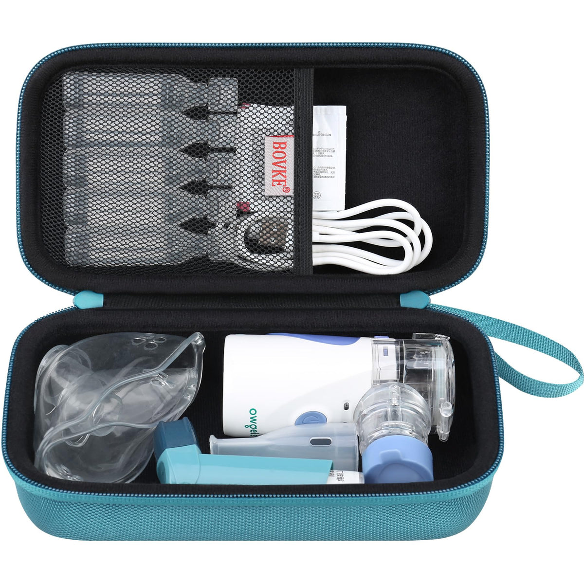 Estuche BOVKE para nebulizador portátil, vista frontal, transporte seguro y ordenado.