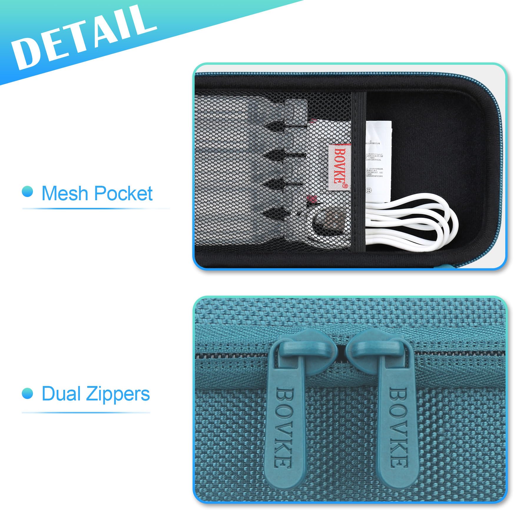 Interior con bolsillo de malla para cables y consumibles de viaje.