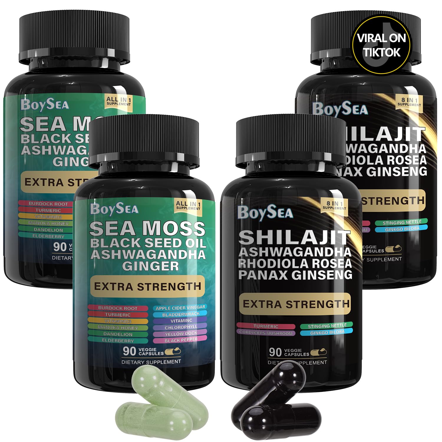 Boysea Shilajit y Sea Moss: juego de cápsulas para una rutina diaria de bienestar.