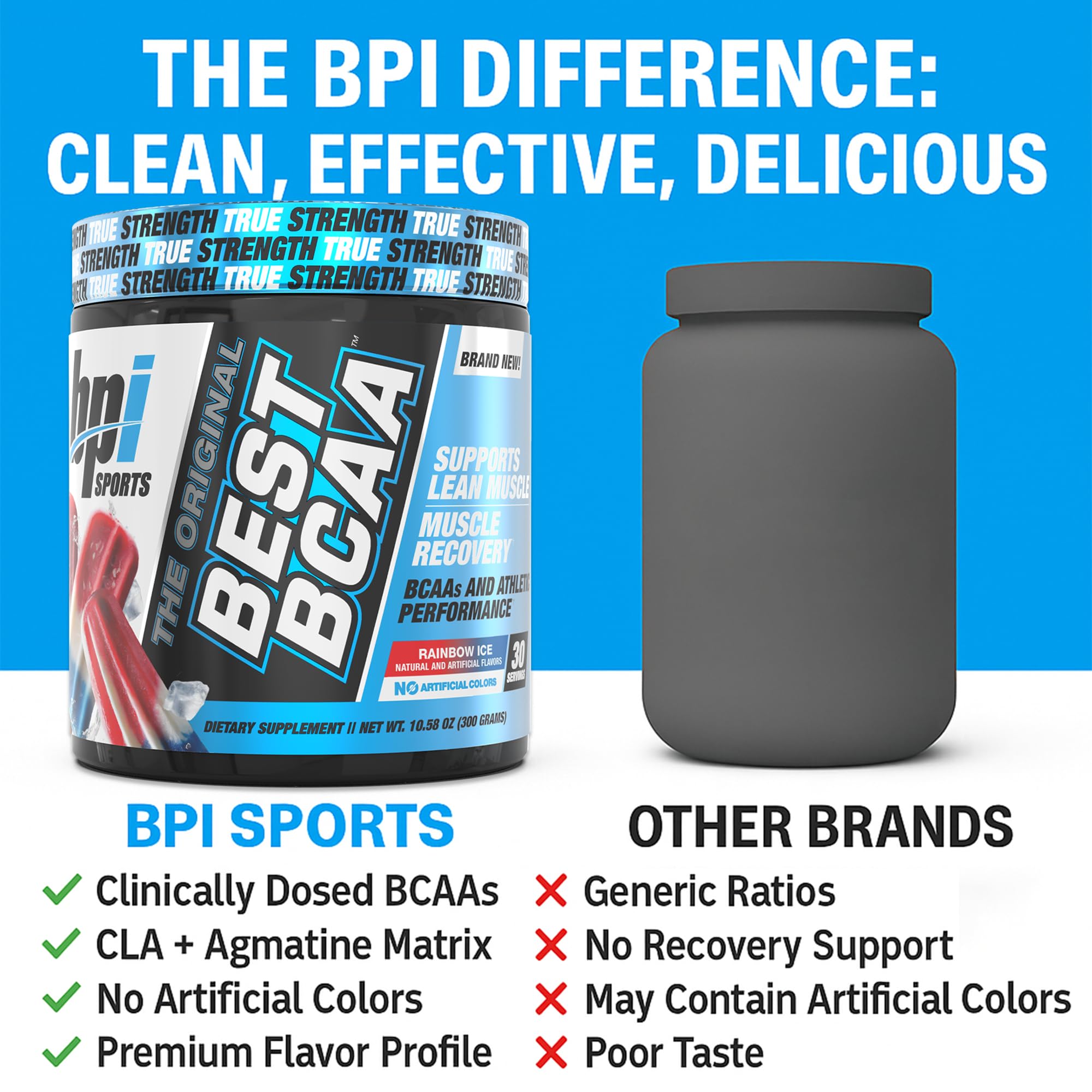 La bebida BPI Best BCAA Arcoíris Hielo aporta sabor agradable e hidratación.