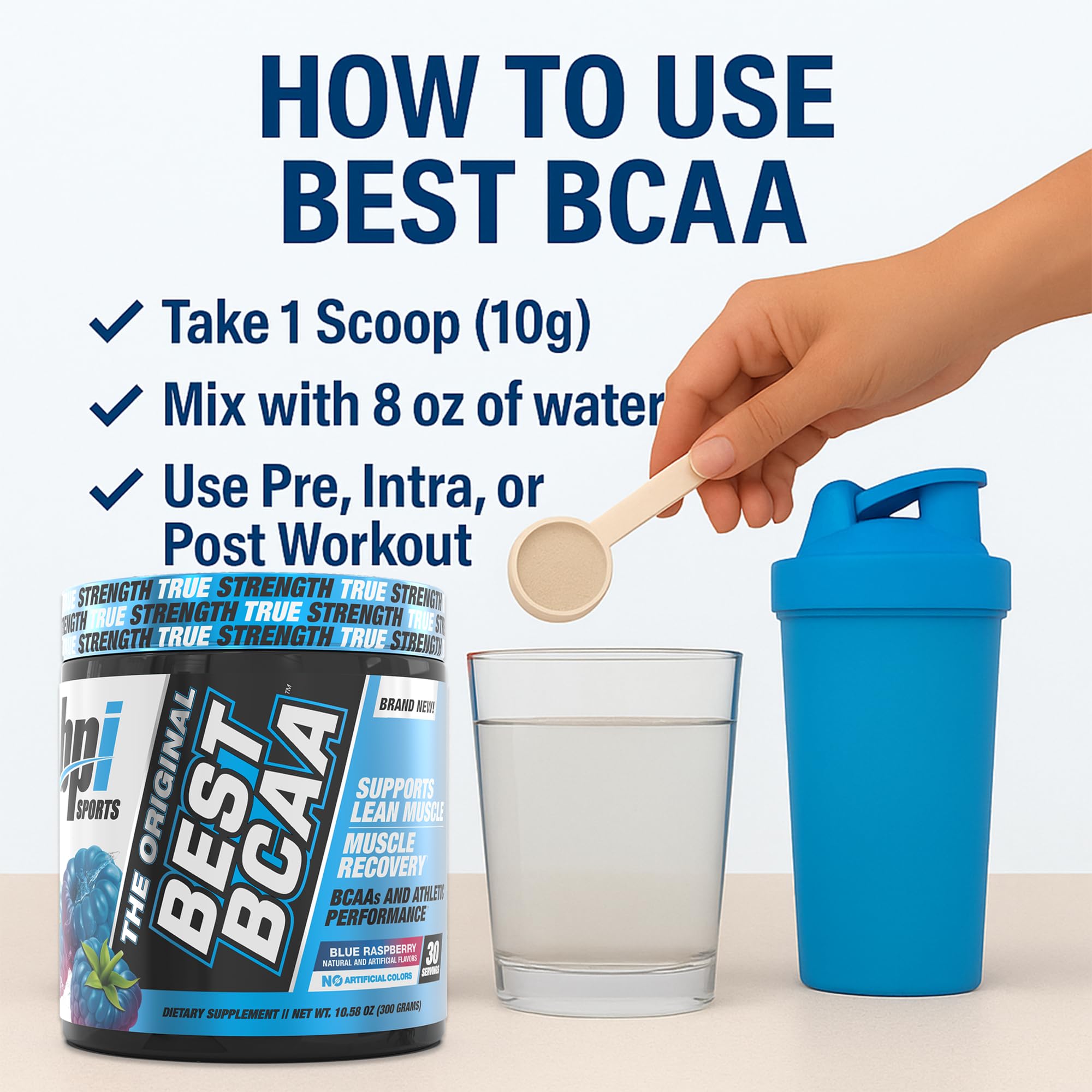 Etiqueta de Best BCAA con recomendaciones de uso pre, durante y post.