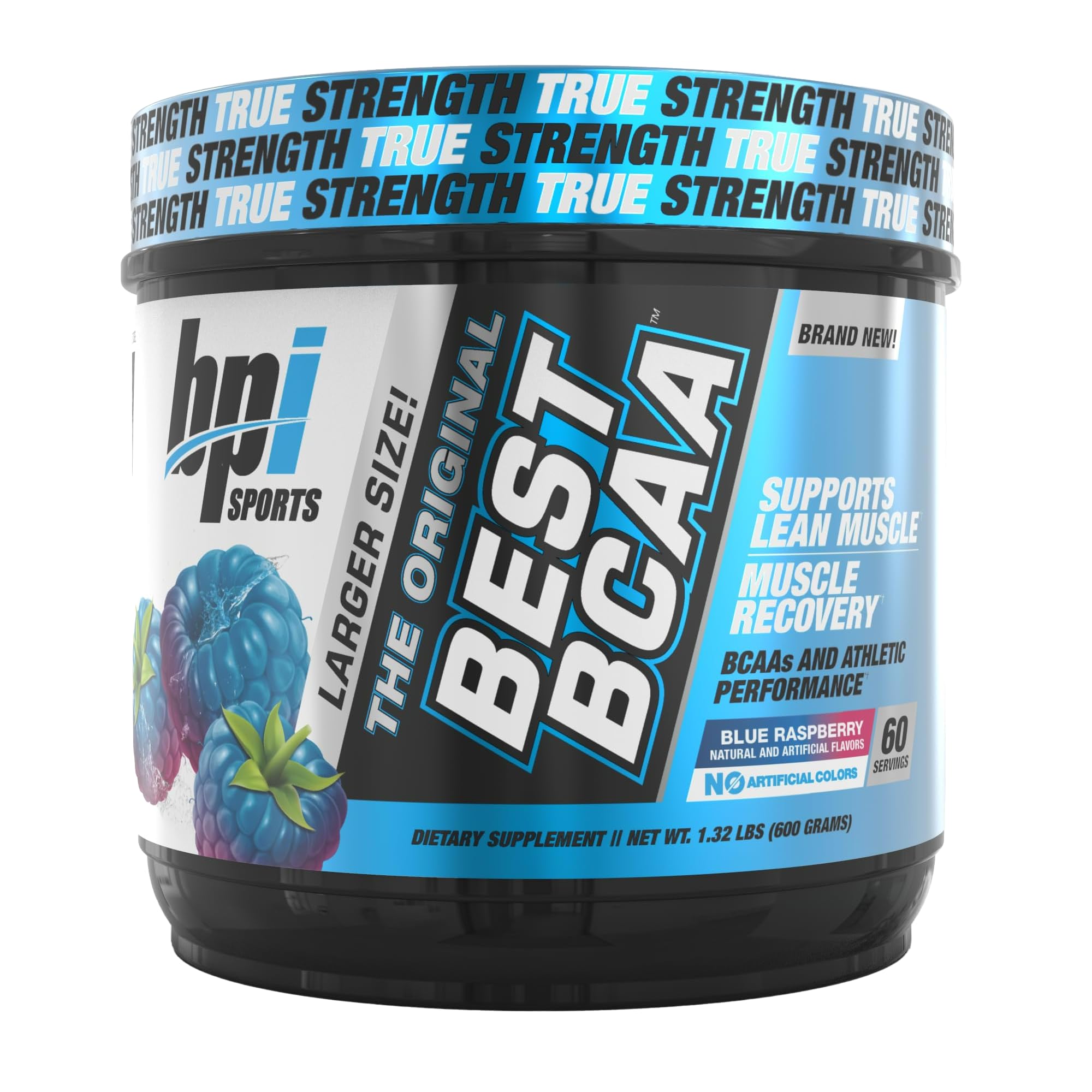 BPI Sports Best BCAA en pote con sabor frambuesa azul para hidratación y recuperación.