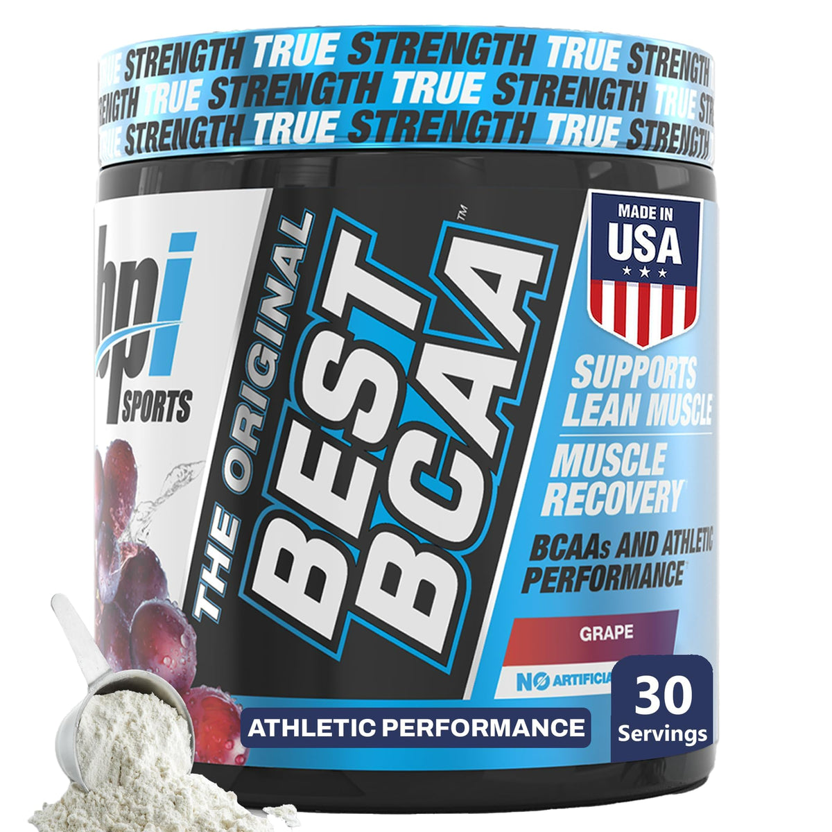 Botella de BPI Sports Best BCAA, polvo listo para mezclar tras entrenamiento.