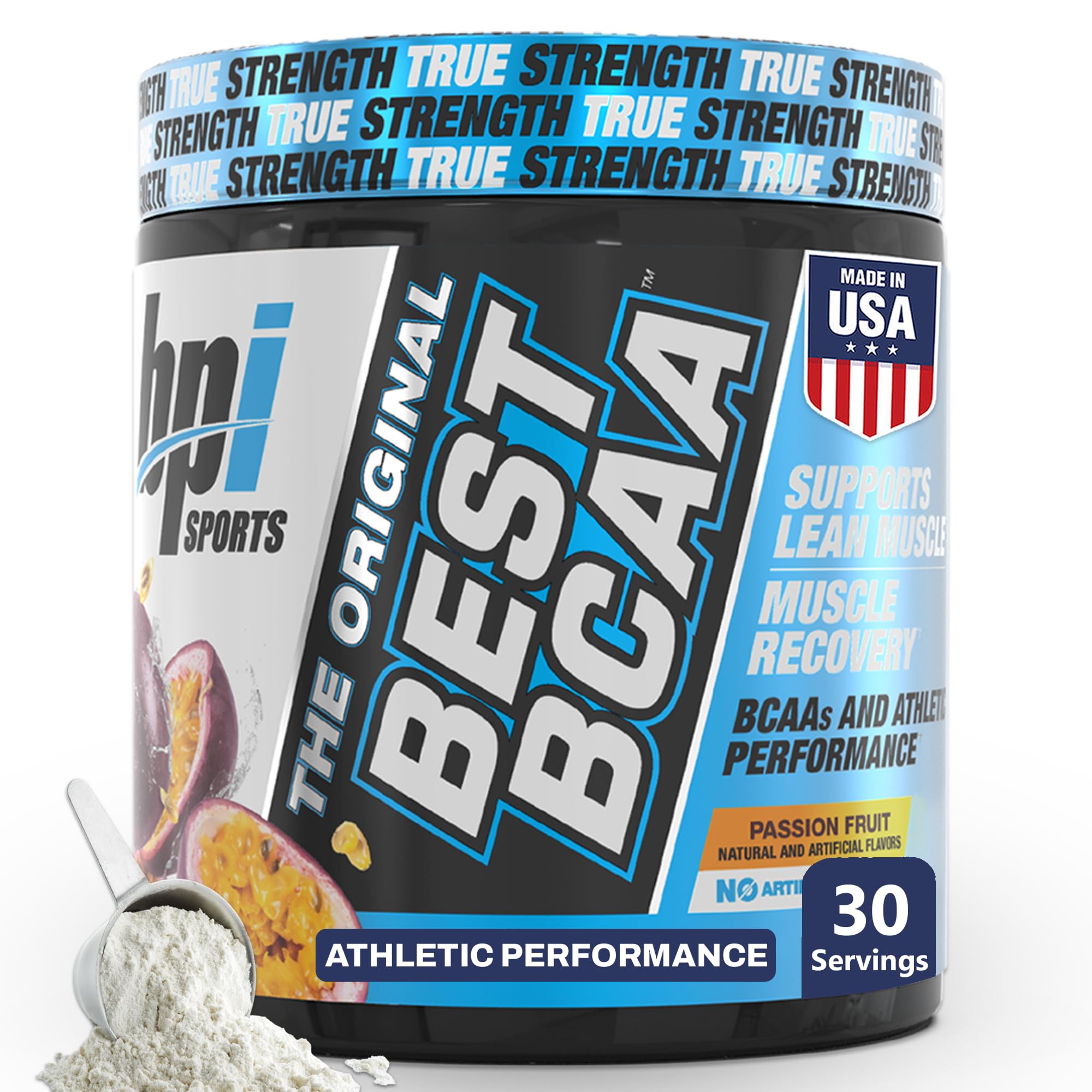 BPI Sports Best BCAA, polvo sabor fruta de la pasión para recuperación muscular.