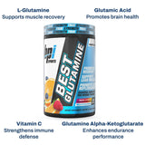 BPI Sports Glutamina L, etiqueta clara con seis tipos
