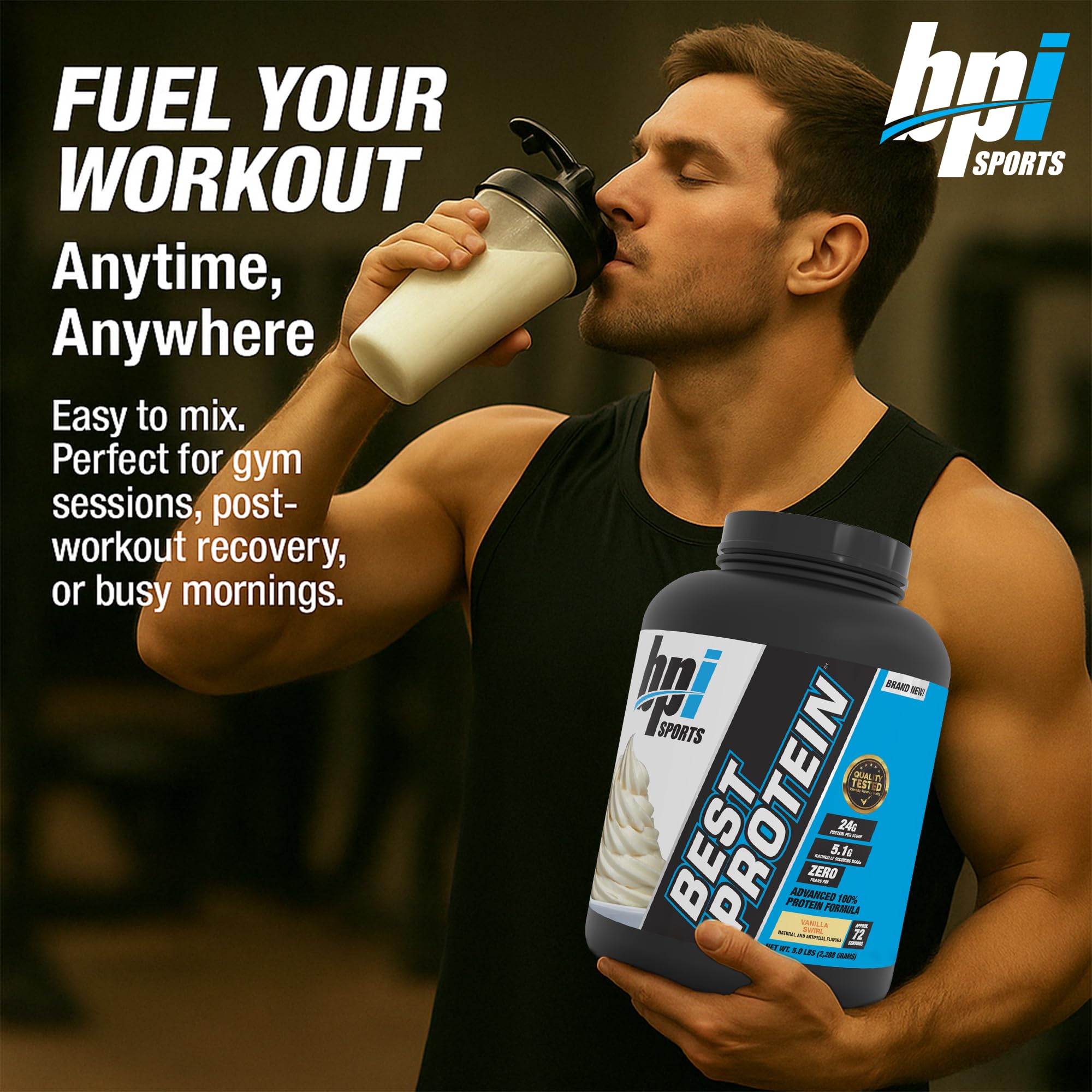 Batido cremoso de BPI Best Protein, uso tras entrenamiento para recuperación.