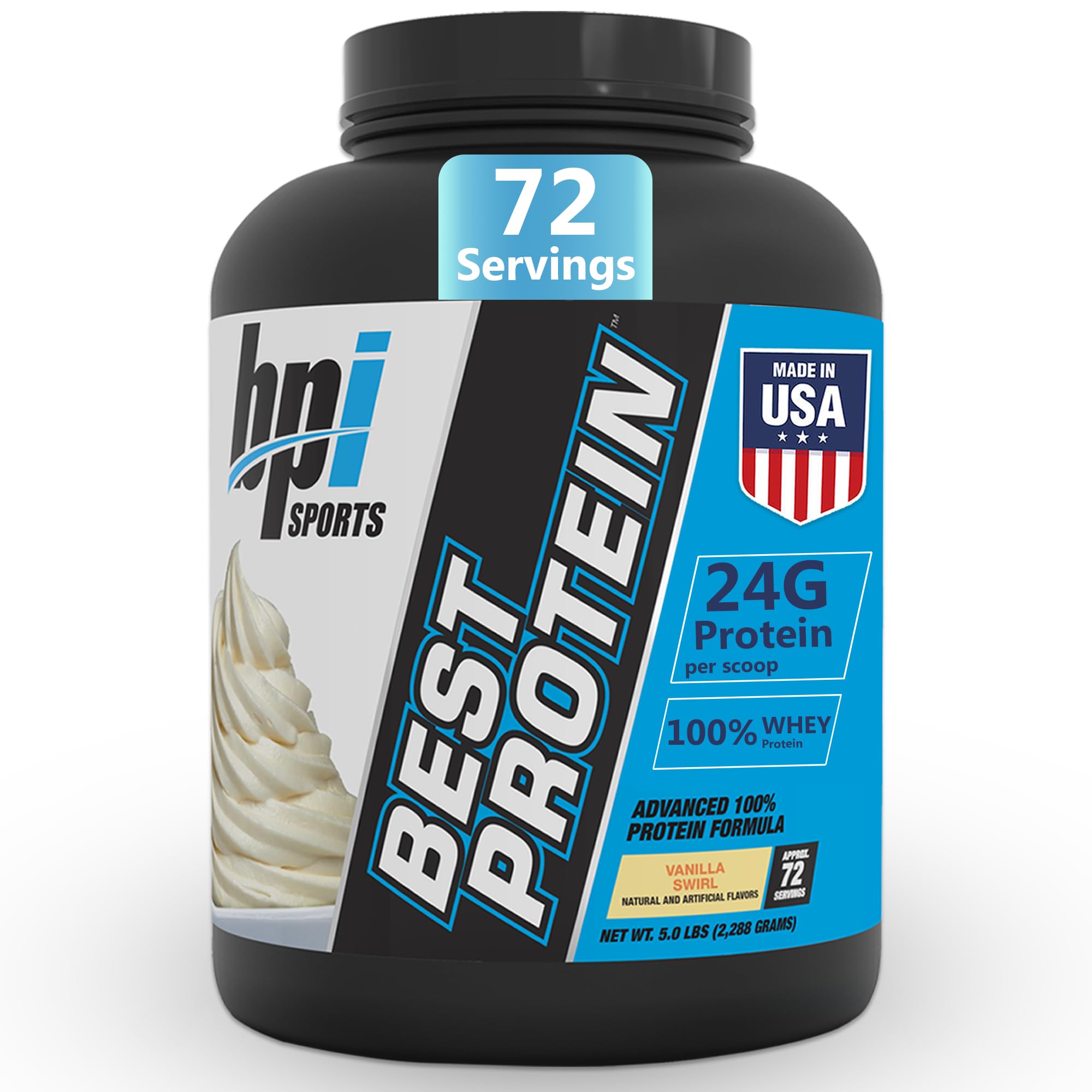 BPI Sports Best Protein polvo whey en cuchara, apoyo a la recuperación muscular.