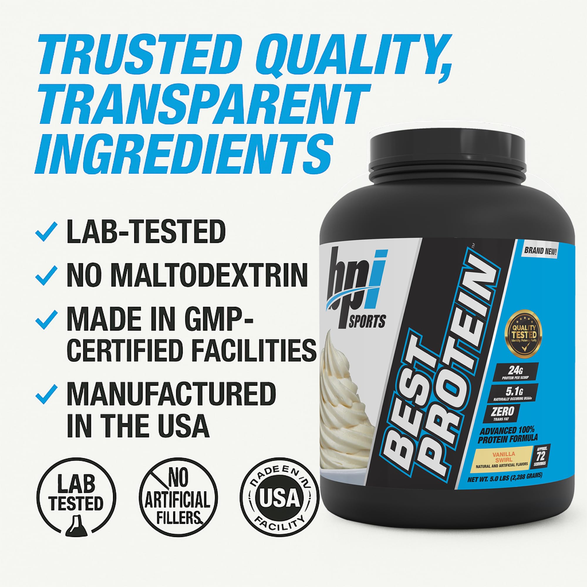 Tapa de lata de BPI Best Protein, cierre seguro.