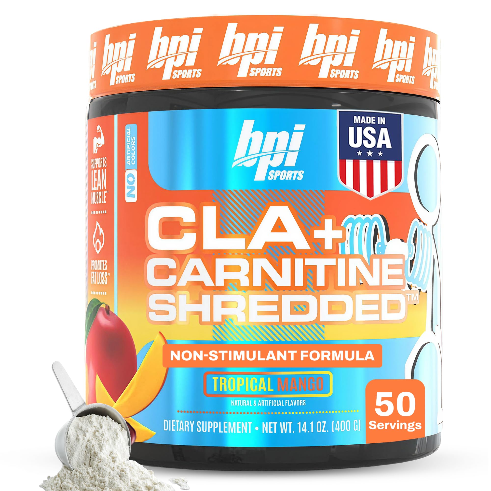 BPI Sports CLA y Carnitina Shredded en envase Tropical Mango para energía diaria.