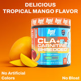 Etiqueta de BPI Sports CLA y Carnitina Shredded con detalles de ingredientes.