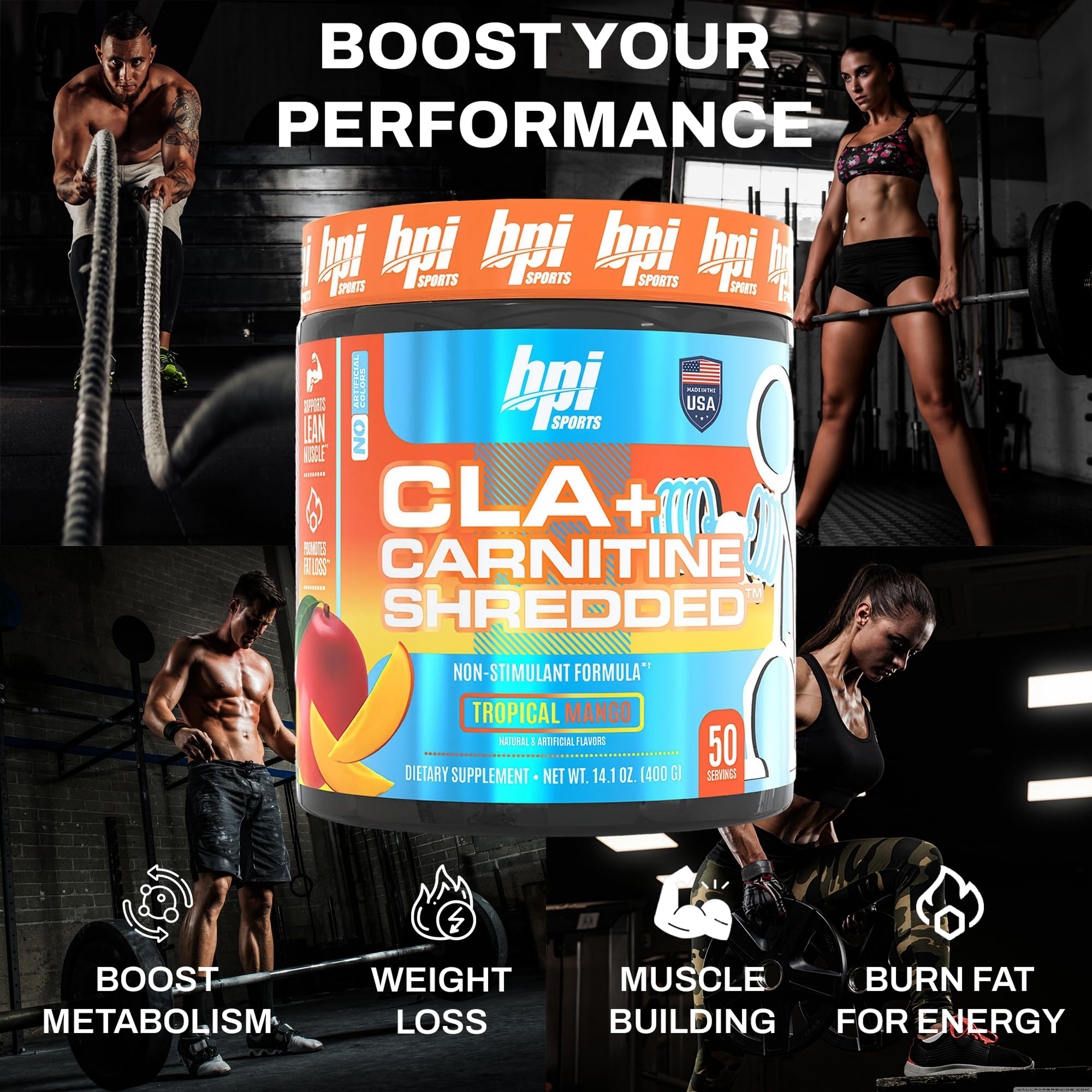 Polvo de BPI Sports CLA y Carnitina Shredded para batidos con sabor tropical.
