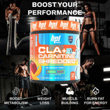 Polvo de BPI Sports CLA y Carnitina Shredded para batidos con sabor tropical.