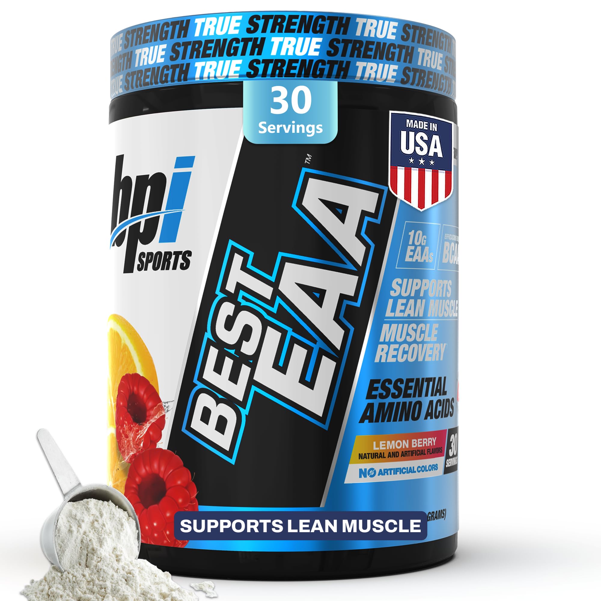 BPI Sports EAA en polvo sabor Limón-Frutos Rojos en envase, ideal para entrenamiento.