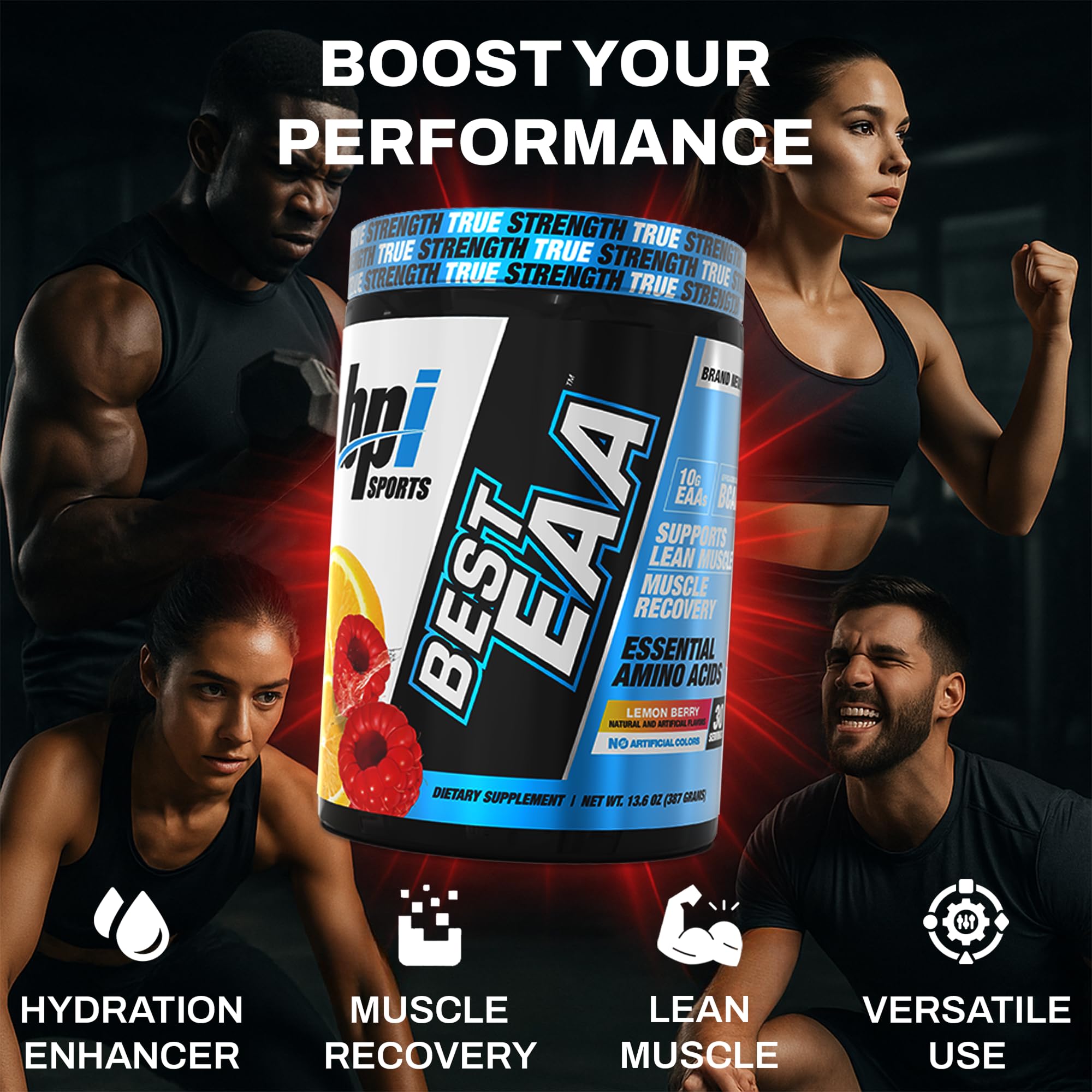 Mezcla pre-entrenamiento BPI Sports EAA con sabor Limón-Frutos Rojos, energía en acción.