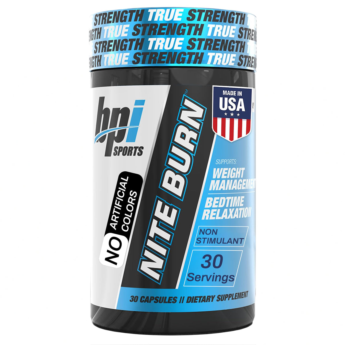 Cápsula nocturna de BPI Sports Nite Burn para apoyar sueño profundo y quema de grasa durante la noche.
