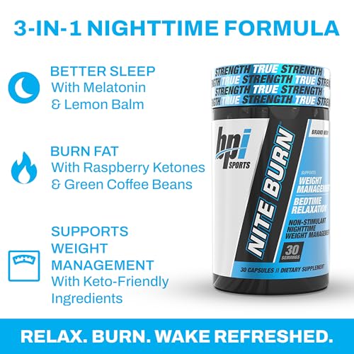 Envase de BPI Nite Burn muestra de 640 mg por cápsula para metabolismo nocturno.