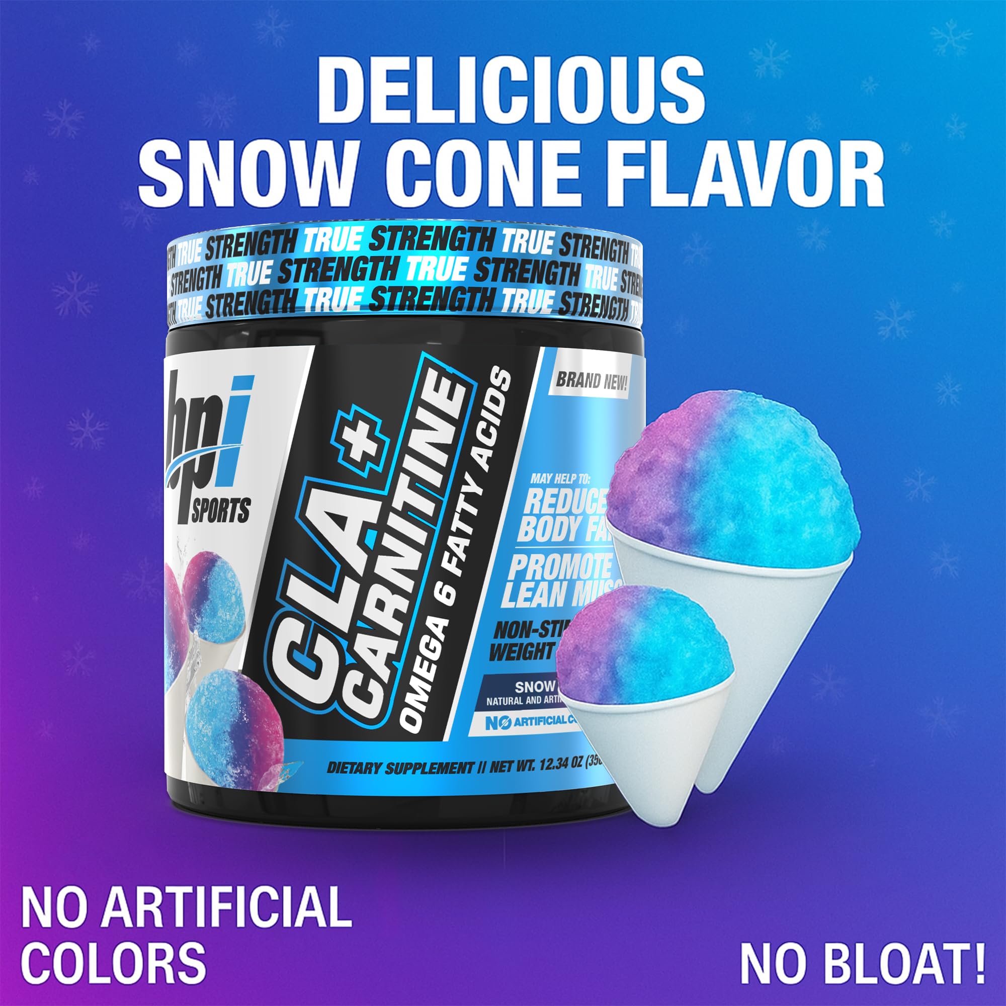 BPI Sports CLA+Carnitine, sabor Snow Cone, experiencia refrescante para la hidratación.
