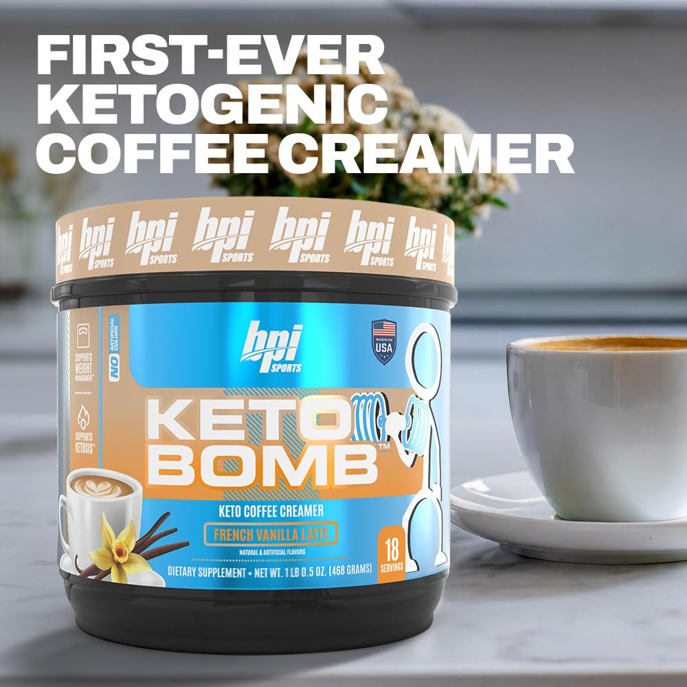 BPI Sports Keto Bomb crema para bebidas cetogénicas, sabor vainilla francesa.