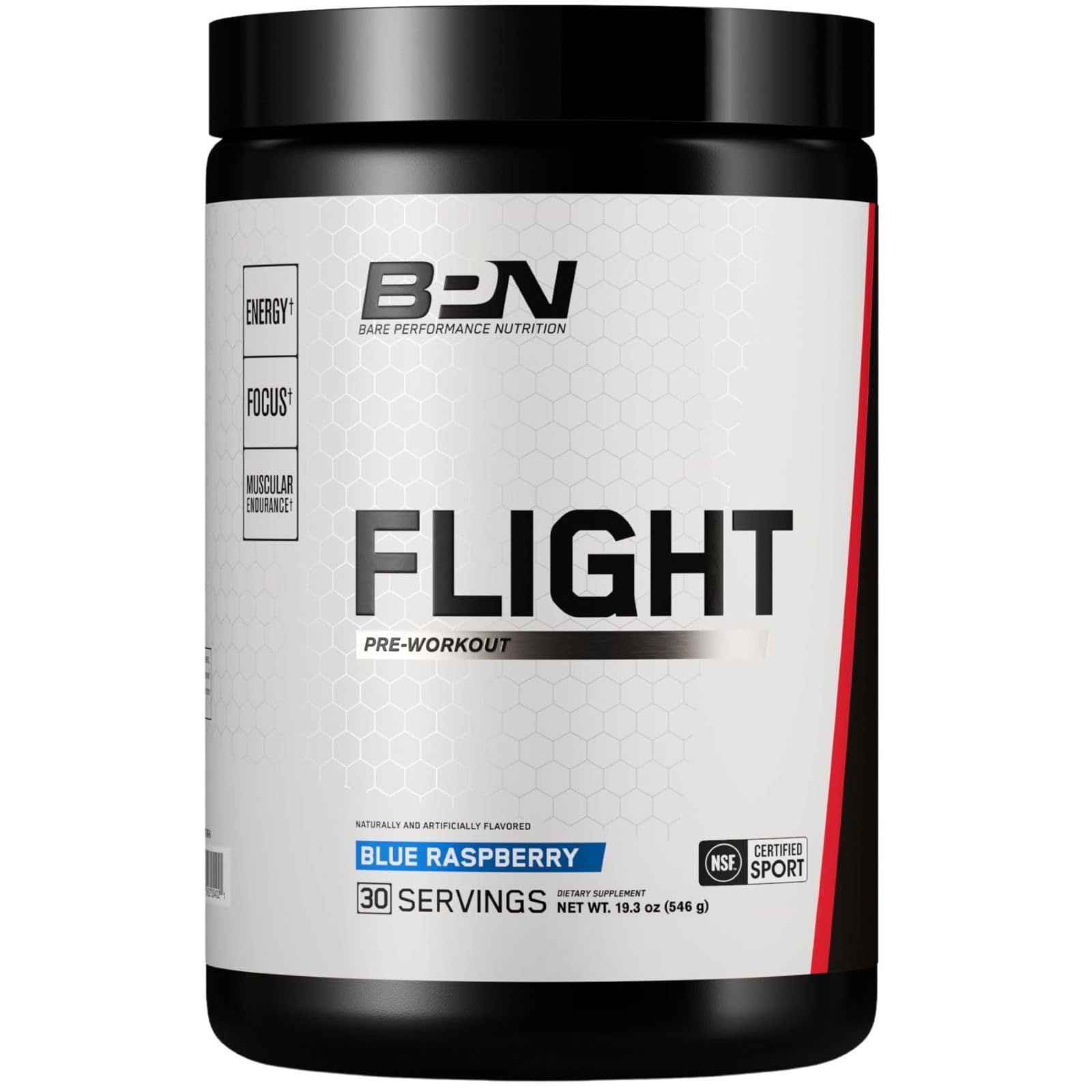 BPN Flight Pre Workout botella Frambuesa Azul para energía sostenida.