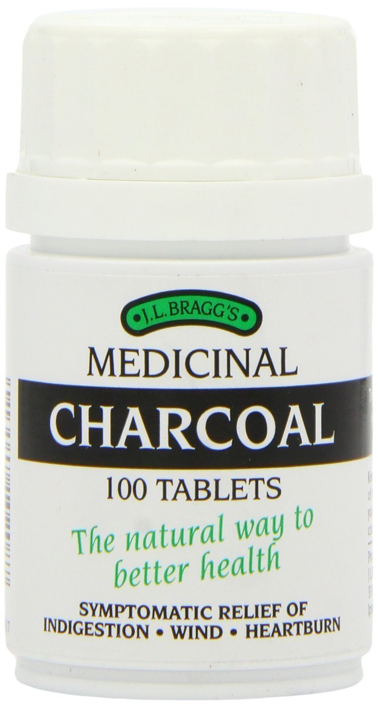 Bragg carbón activado tabletas 300 mg para alivio digestivo suave.