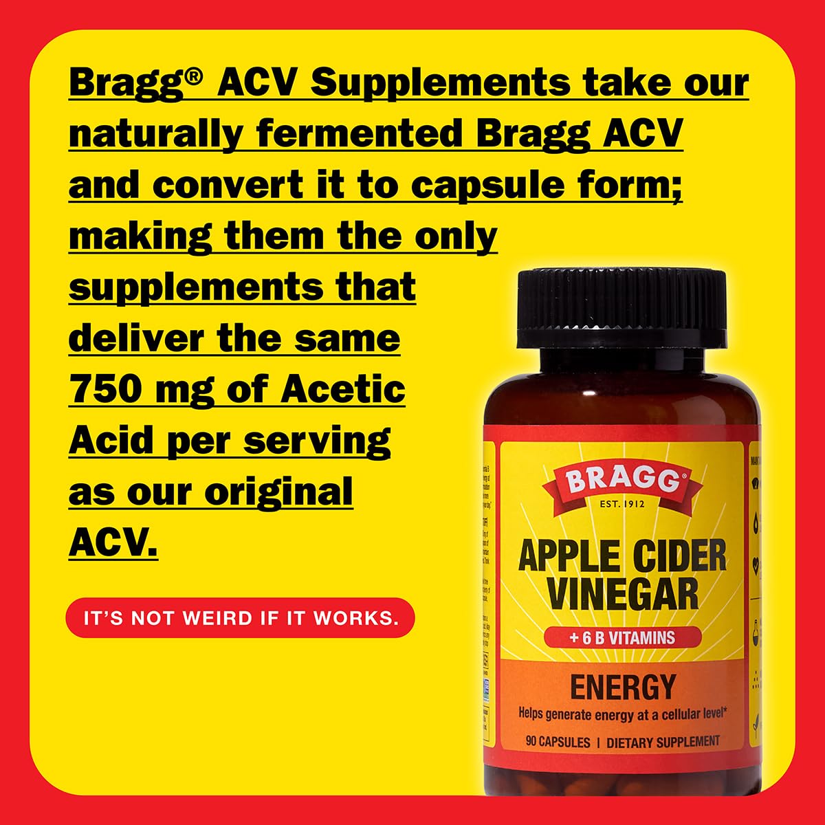 Etiqueta de Bragg Energy ACV Capsules con información clara.
