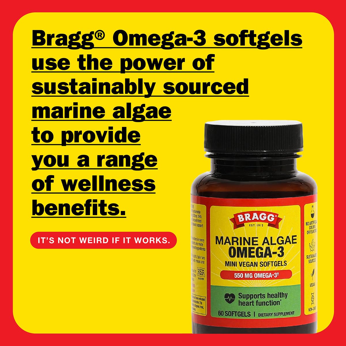 Bragg Omega-3 vegano etiqueta que destaca DHA y EPA por porción.