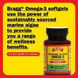 Bragg Omega-3 vegano etiqueta que destaca DHA y EPA por porción.
