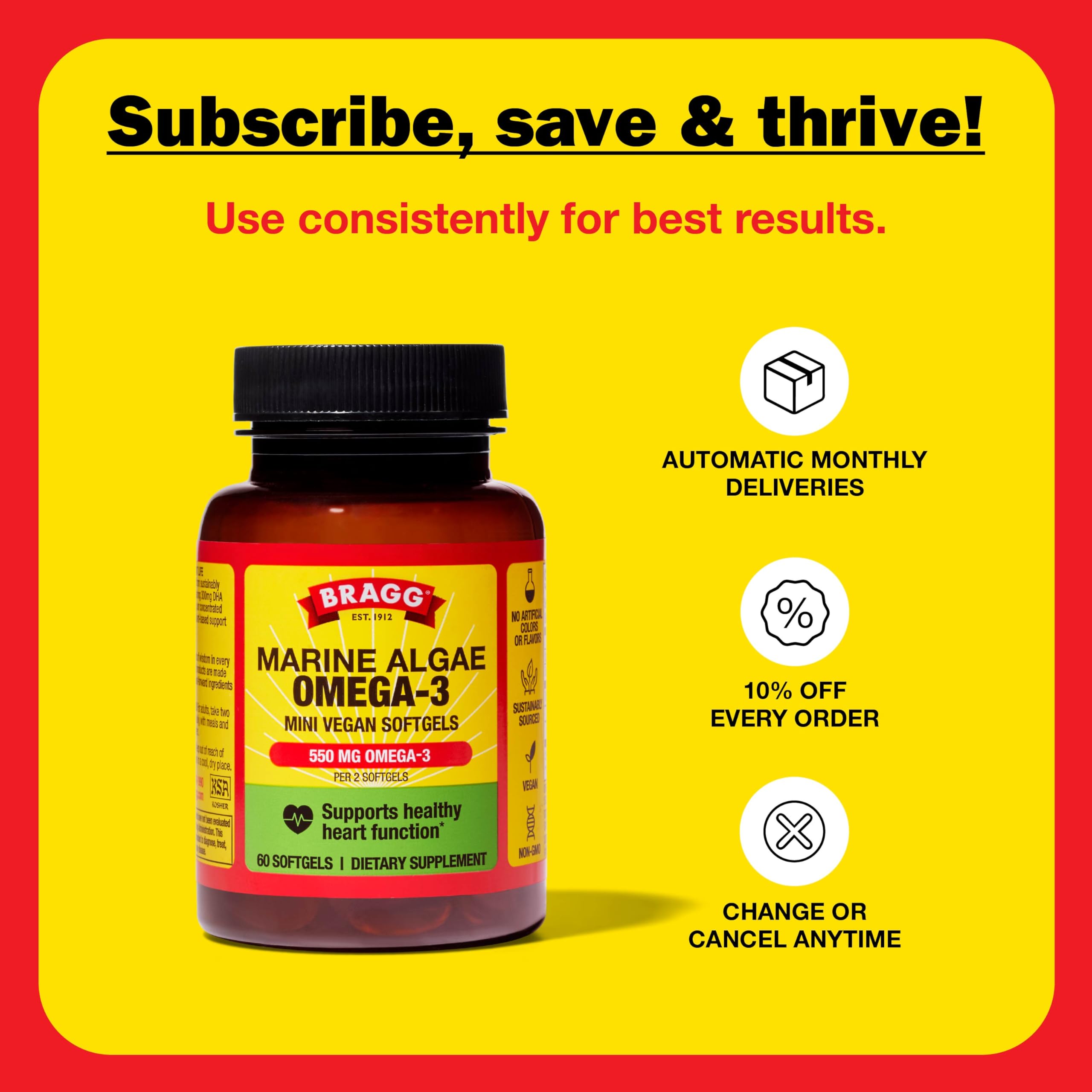 Bragg Omega-3 vegano legado de calidad en cada cápsula.