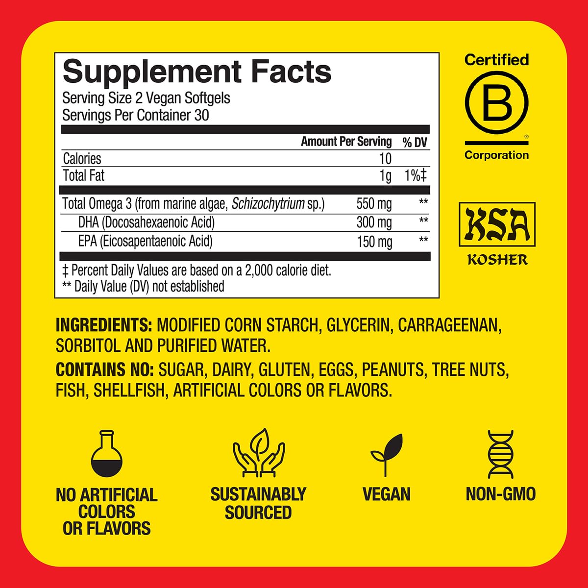 Bragg Omega-3 vegano empaque sin colorantes ni gluten.