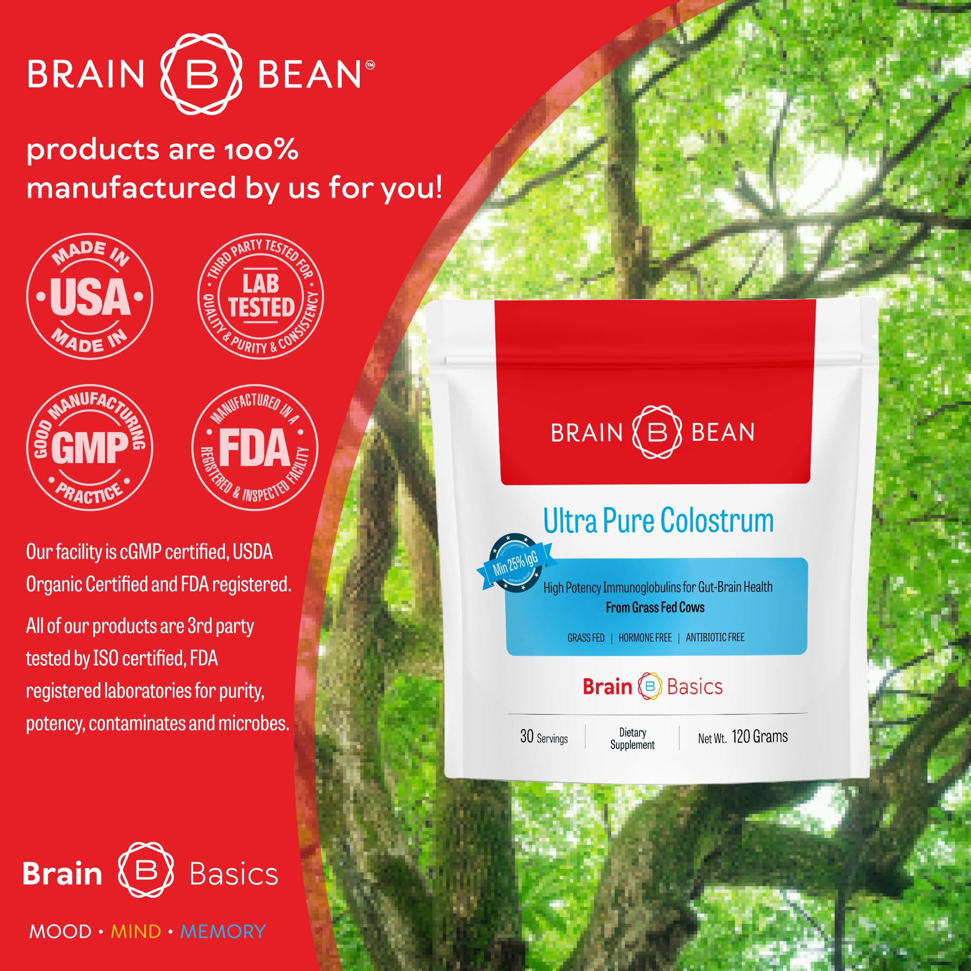 Brain Bean Colostrum envase 120 g para uso diario.