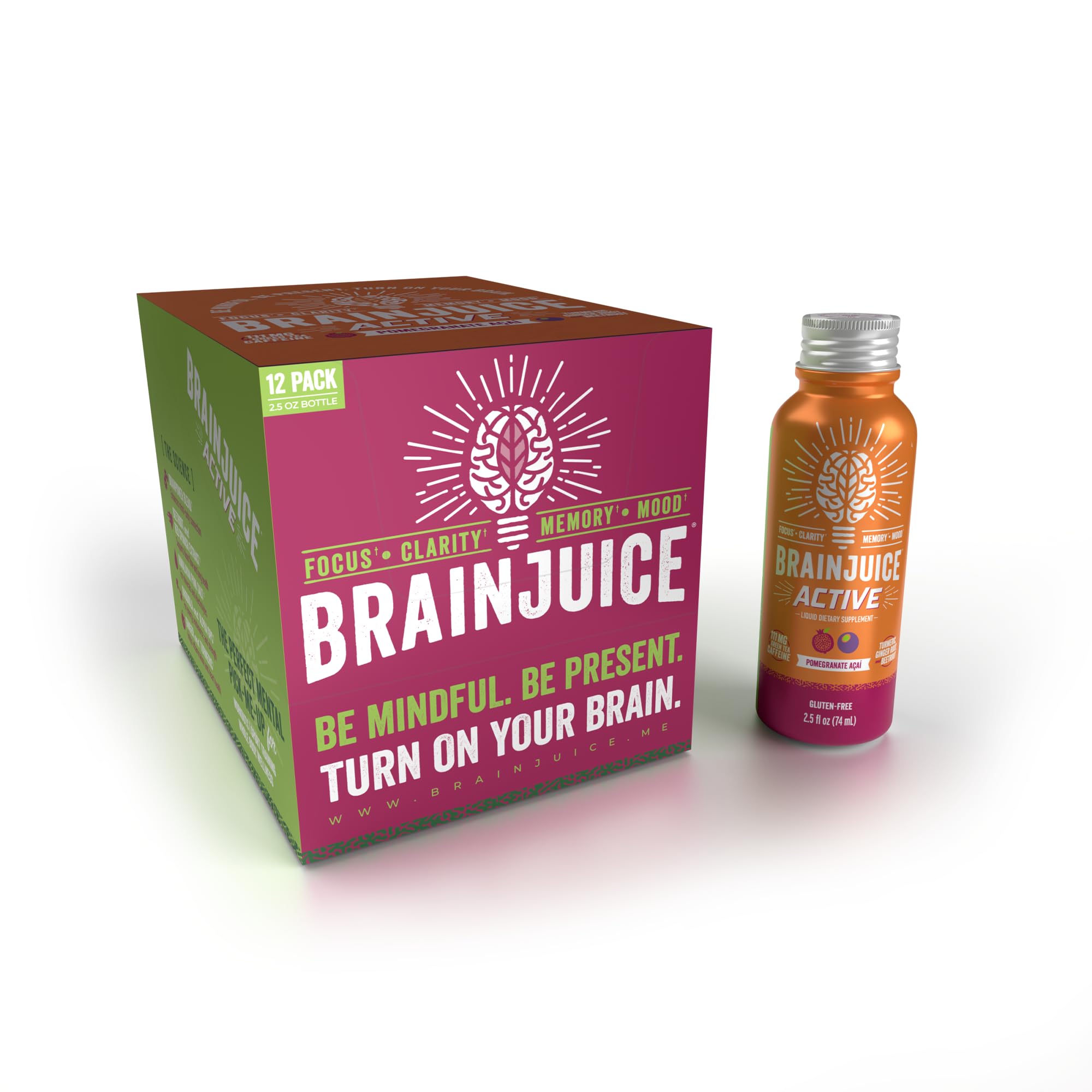 BrainJuice Active: botella de 2,5 oz con enfoque y energía sostenida.