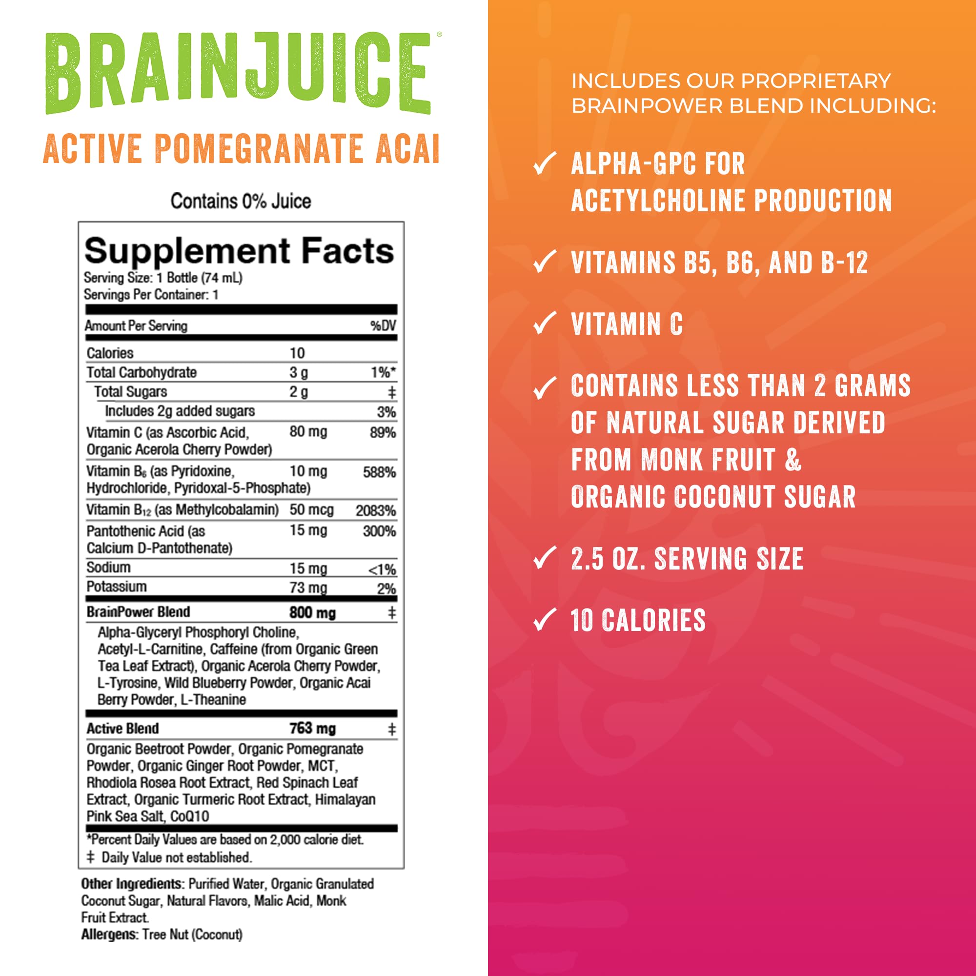 BrainJuice Active ingredientes clave: mezcla nutritiva para cerebro y resistencia.