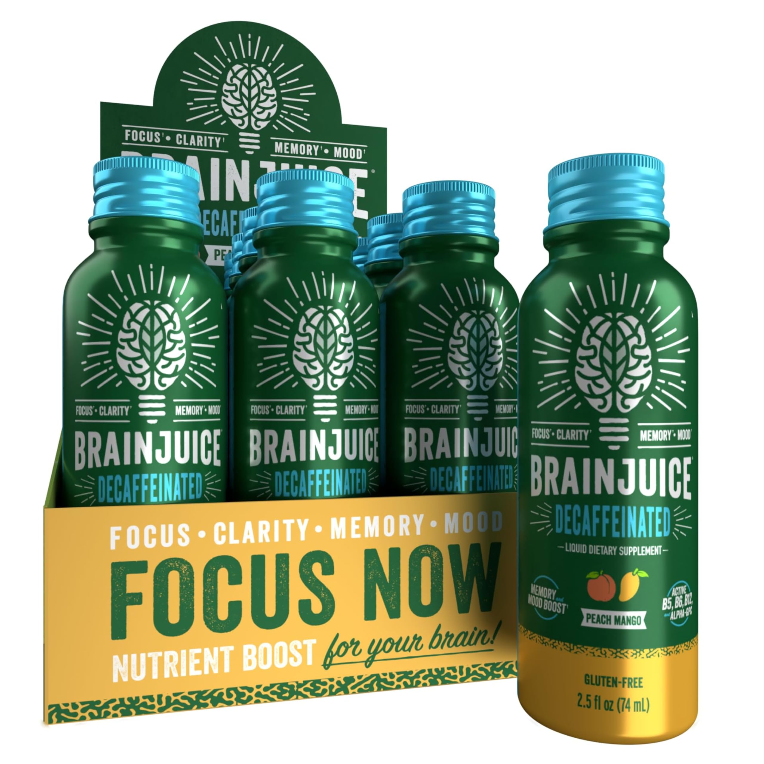 BrainJuice Shot descafeinado durazno mango, botella lista para tomar cuando necesitas enfoque