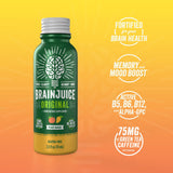 BrainJuice Shot: etiqueta Durazno Mango con sabor natural para comenzar el día.