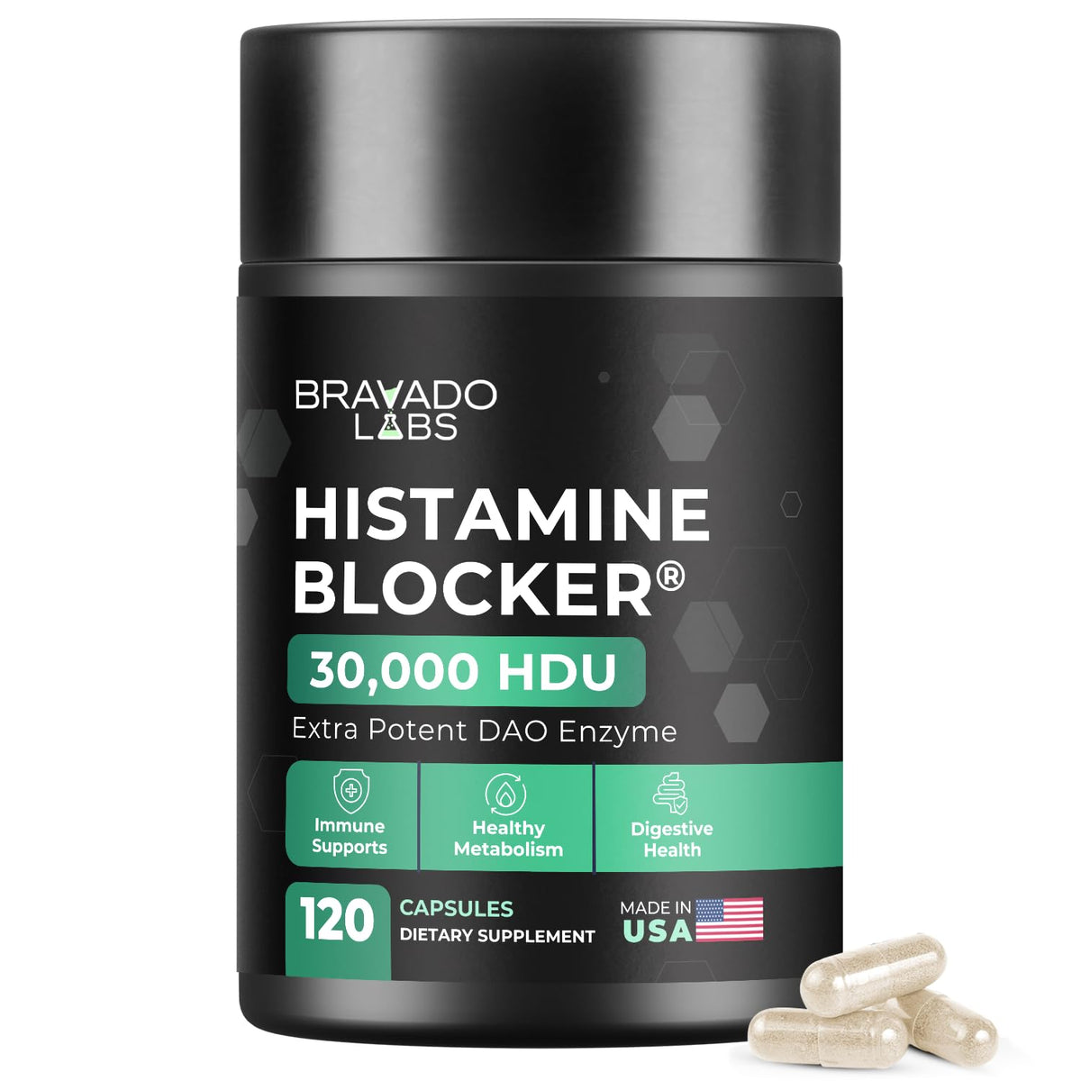 Bravado Labs DAO 30k HDU en botella para apoyar la digestión de histamina.