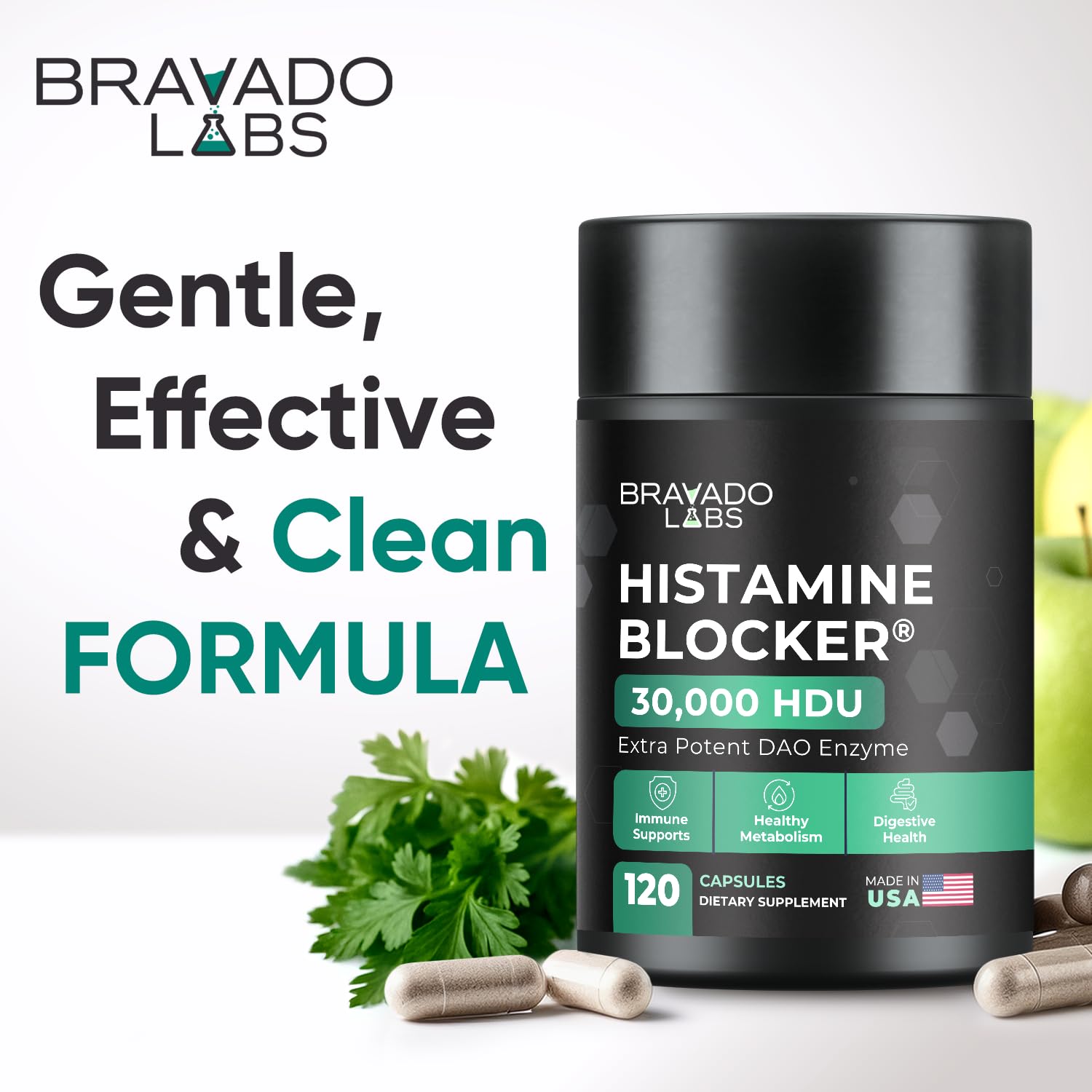 Bravado Labs DAO enzimático en cápsulas para procesamiento suave de histamina.