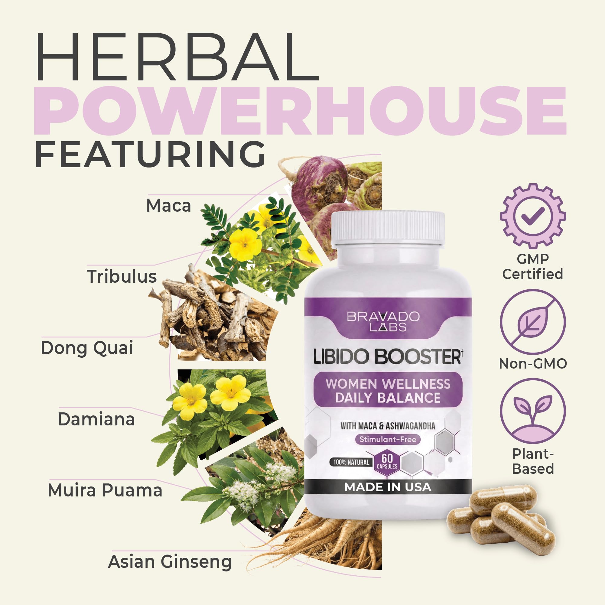 Mezcla herbal Bravado Labs con maca y ginseng para vitalidad femenina.