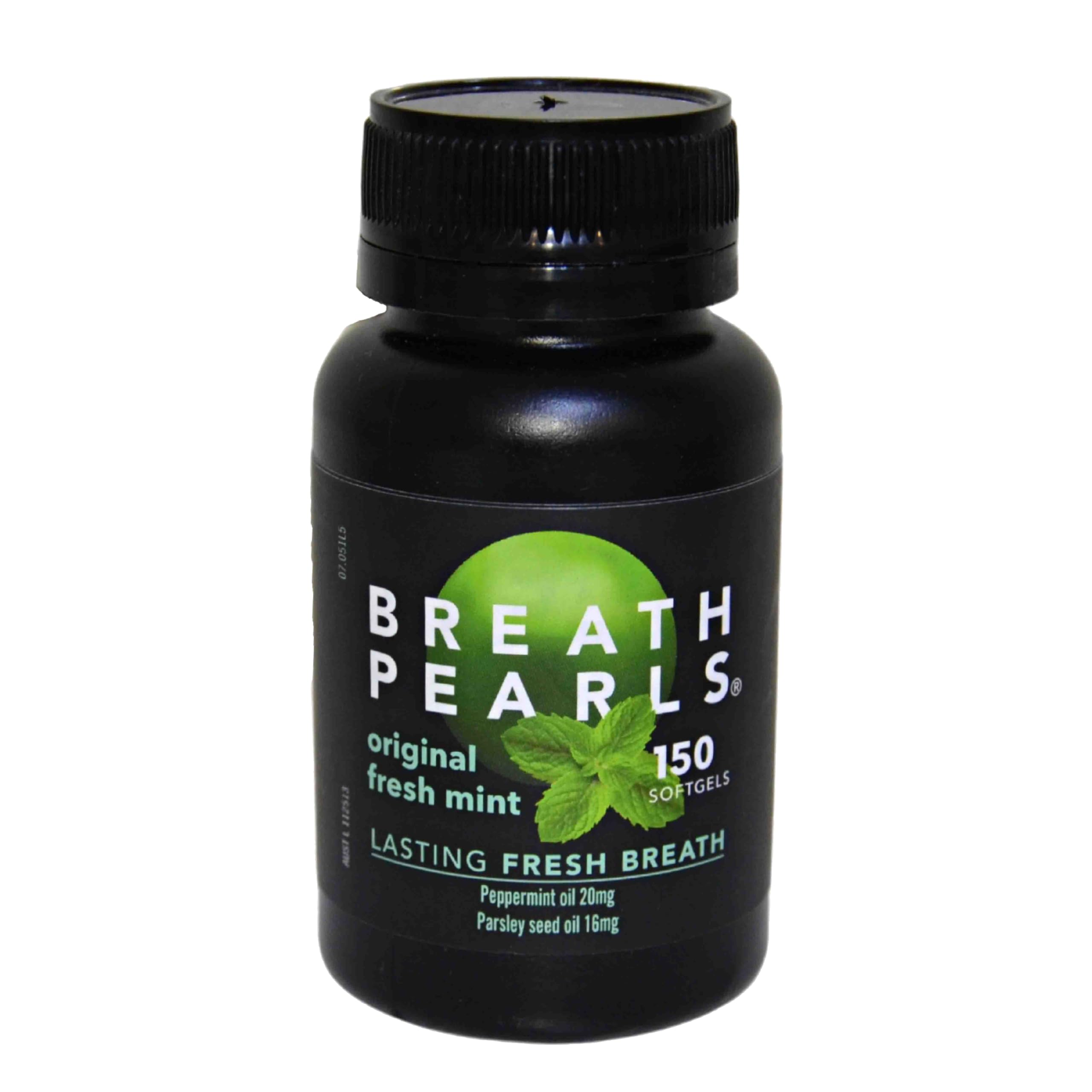 Breath Pearls Original, botella de 150 cápsulas, refresca el aliento tras las comidas.