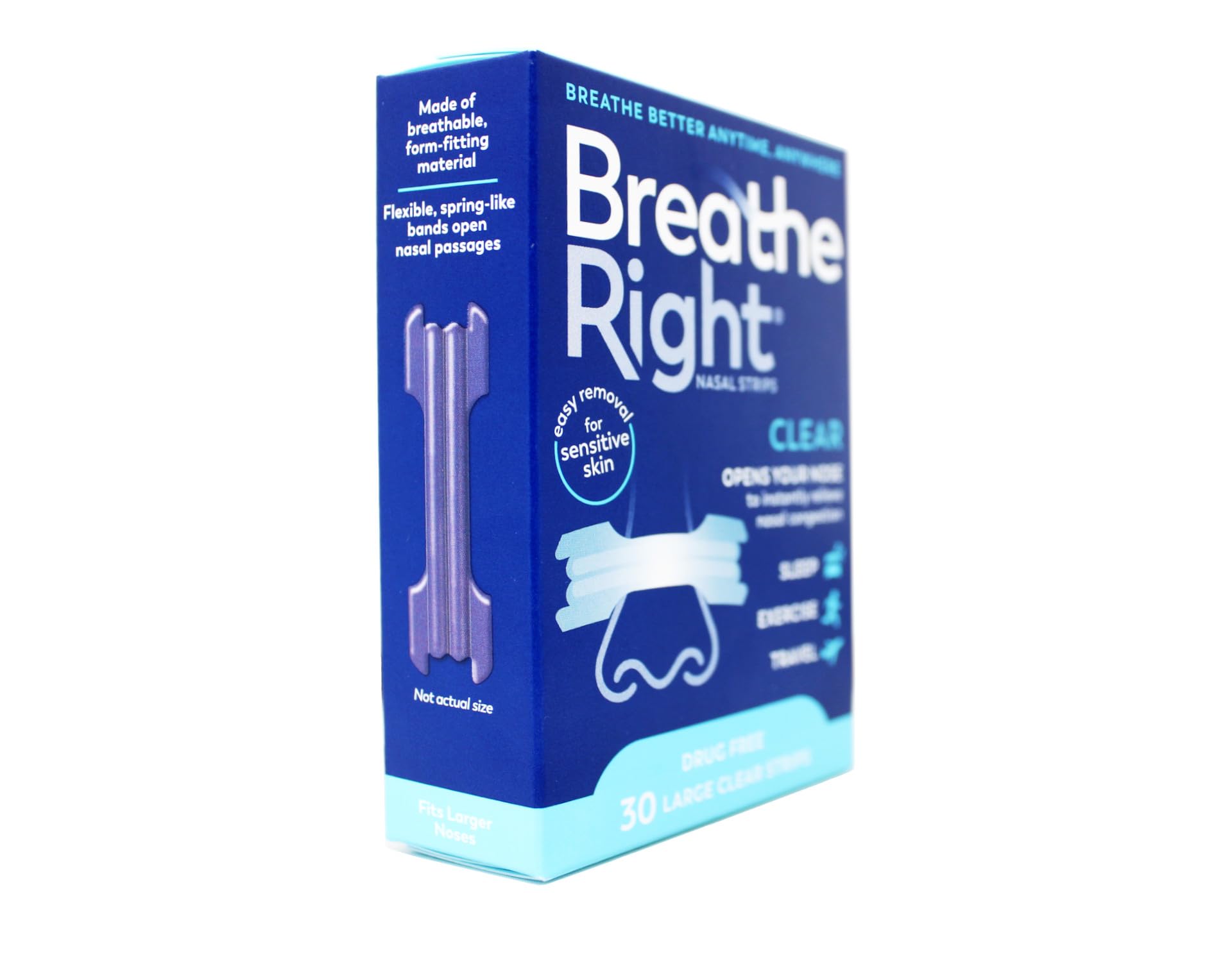 Uso nocturno con cinta nasal clara de Breathe Right.