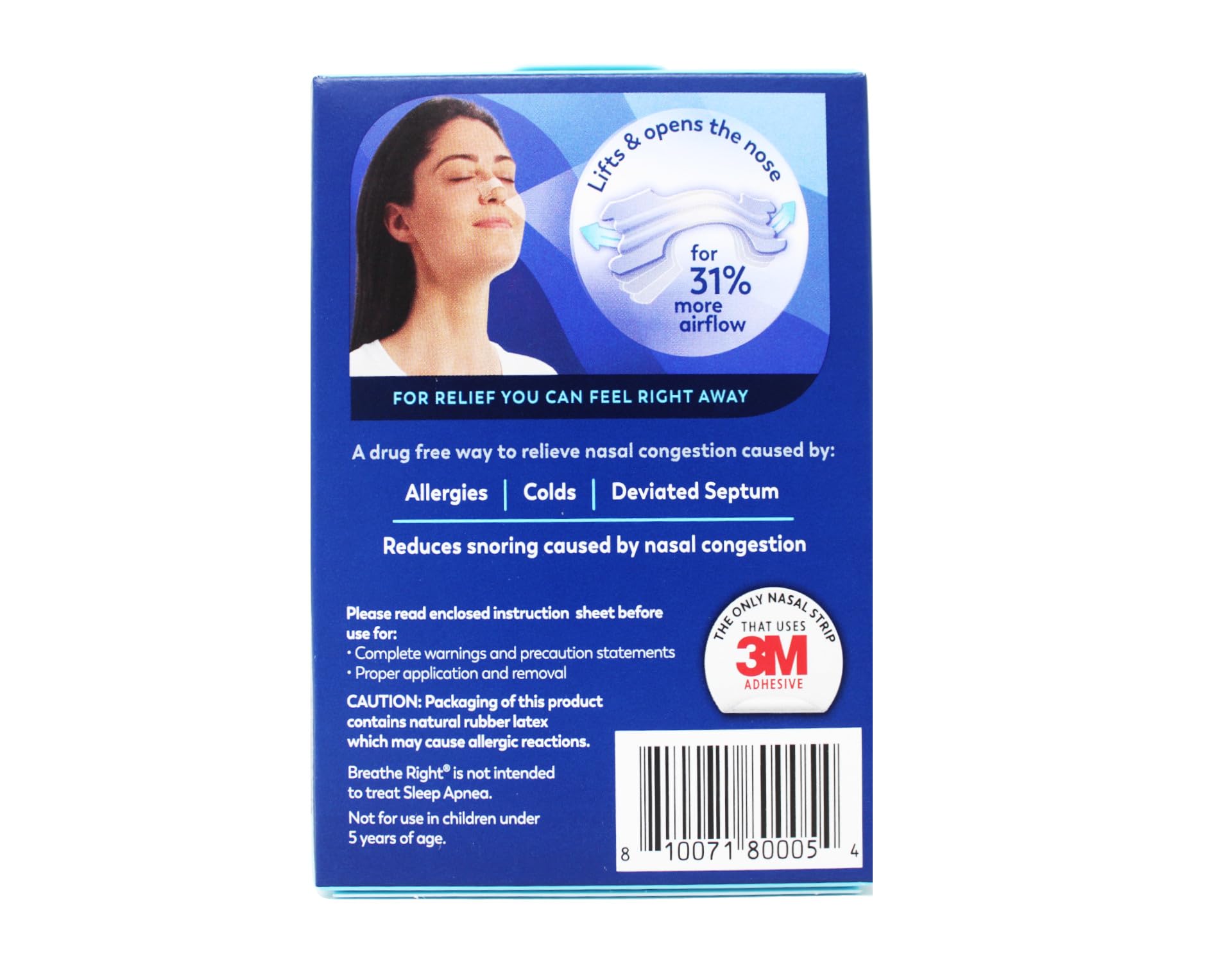 Confort y soporte de la tira nasal Breathe Right para respiración más libre durante la noche.