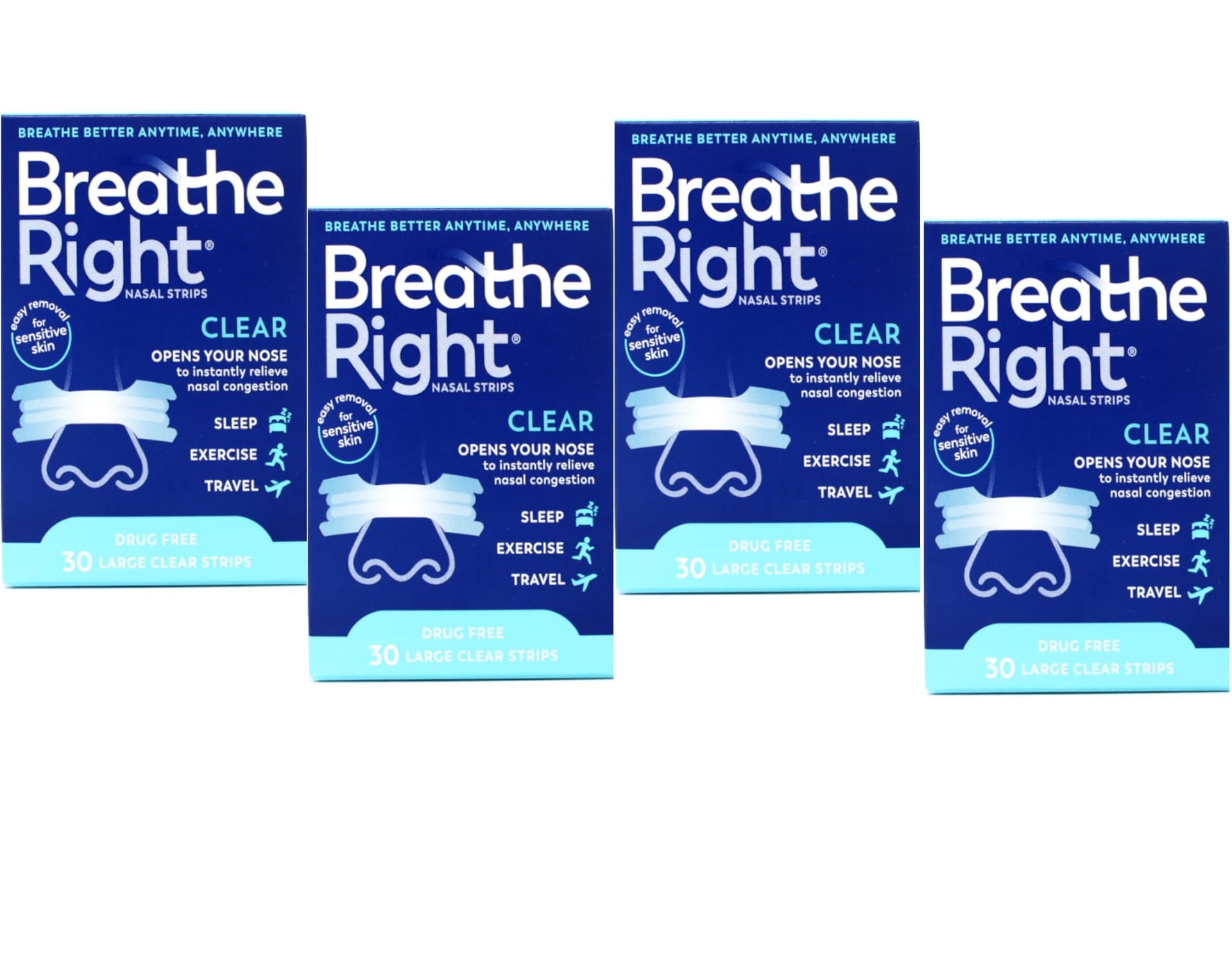 Breathe Right empaque con cuatro cajas de tiras nasales para uso diario
