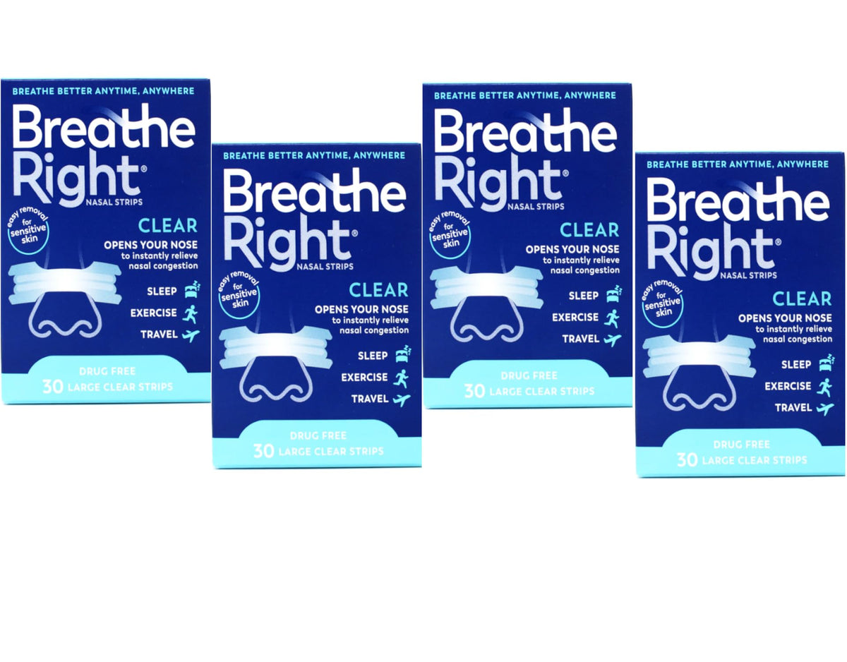 Breathe Right empaque con cuatro cajas de tiras nasales para uso diario