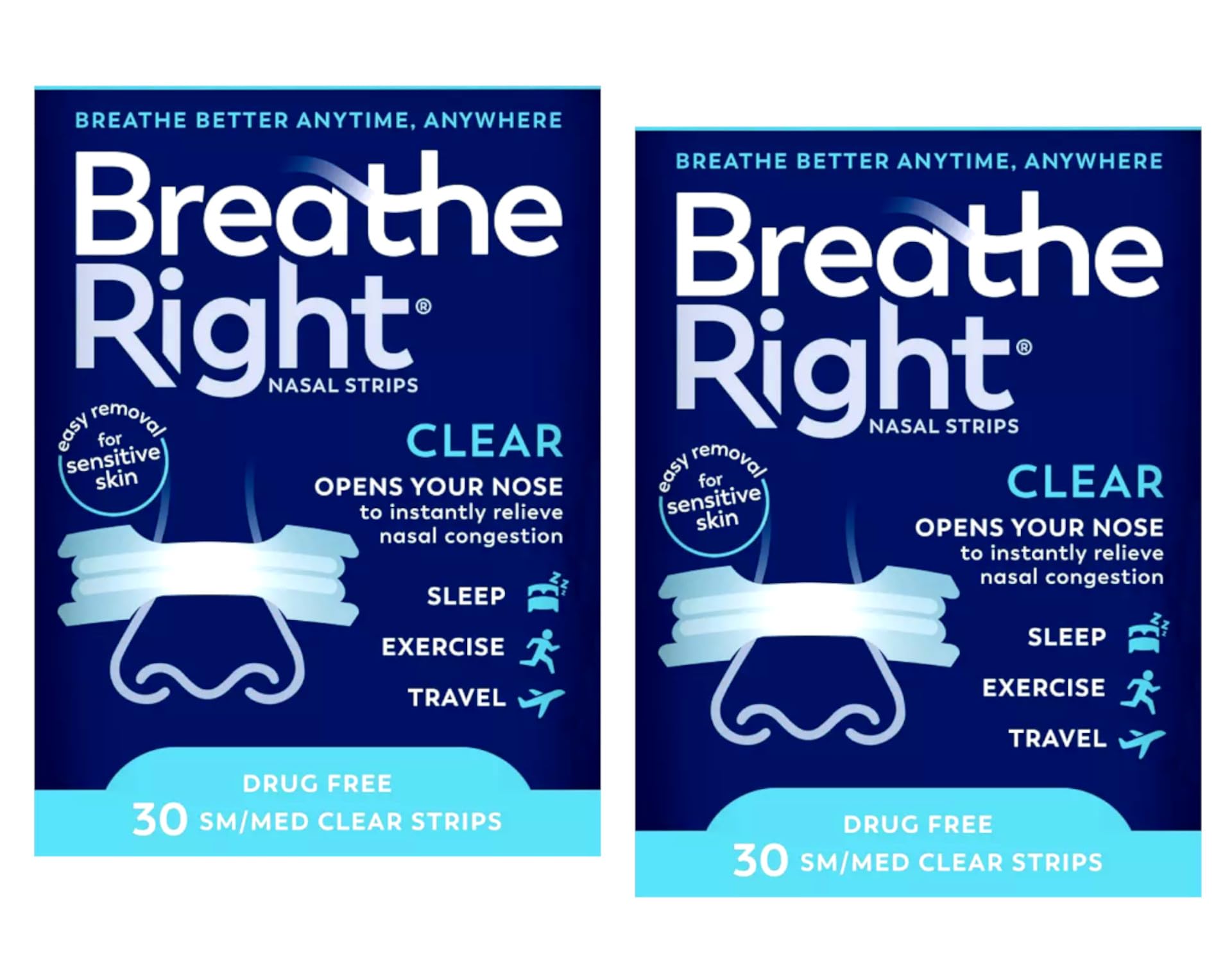 Paquete de dos cajas de Breathe Right para alivio discreto.
