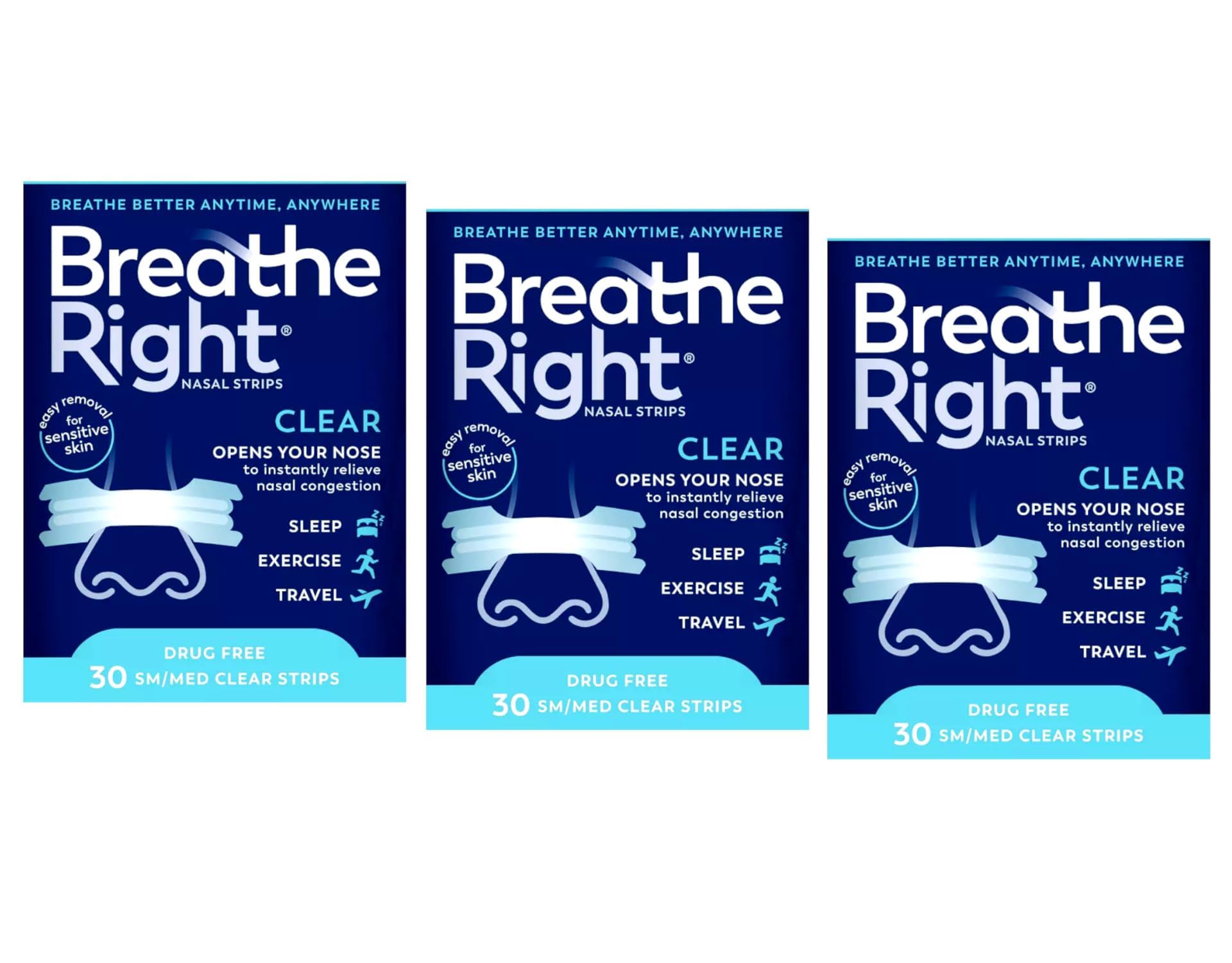 Tira nasal Breathe Right transparente para piel sensible, confort suave
