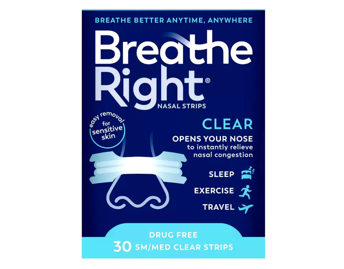 Tira nasal transparente de Breathe Right para uso diario y descanso cómodo.
