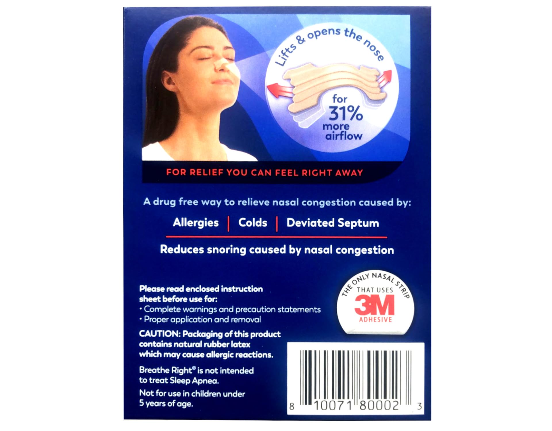 Aplicación nocturna de tiras nasales Breathe Right para dormir mejor