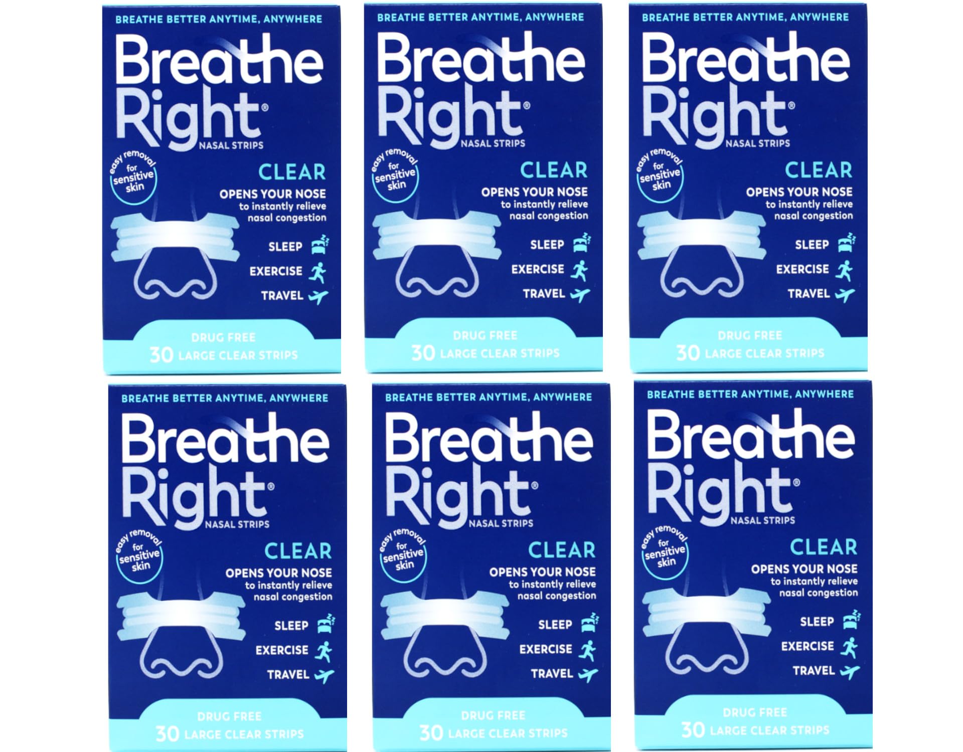 Tira nasal clara Breathe Right para piel sensible, lista para uso nocturno.