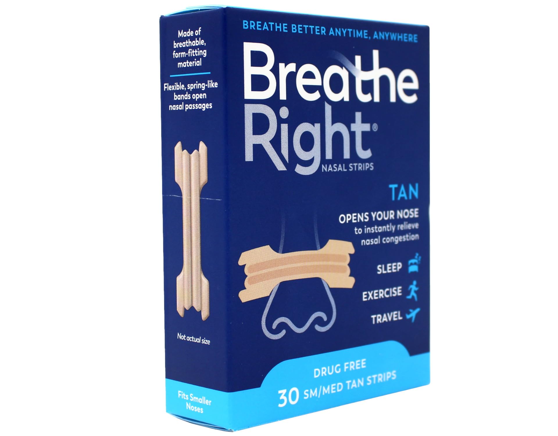 Paquete de 4 cajas Breathe Right Original tan con 30 tiras cada una.