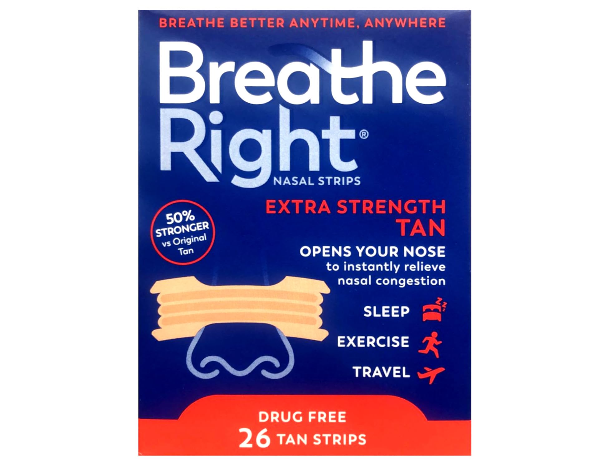 Tiras nasales Breathe Right en paquete de 3 para apertura nocturna de las vías respiratorias