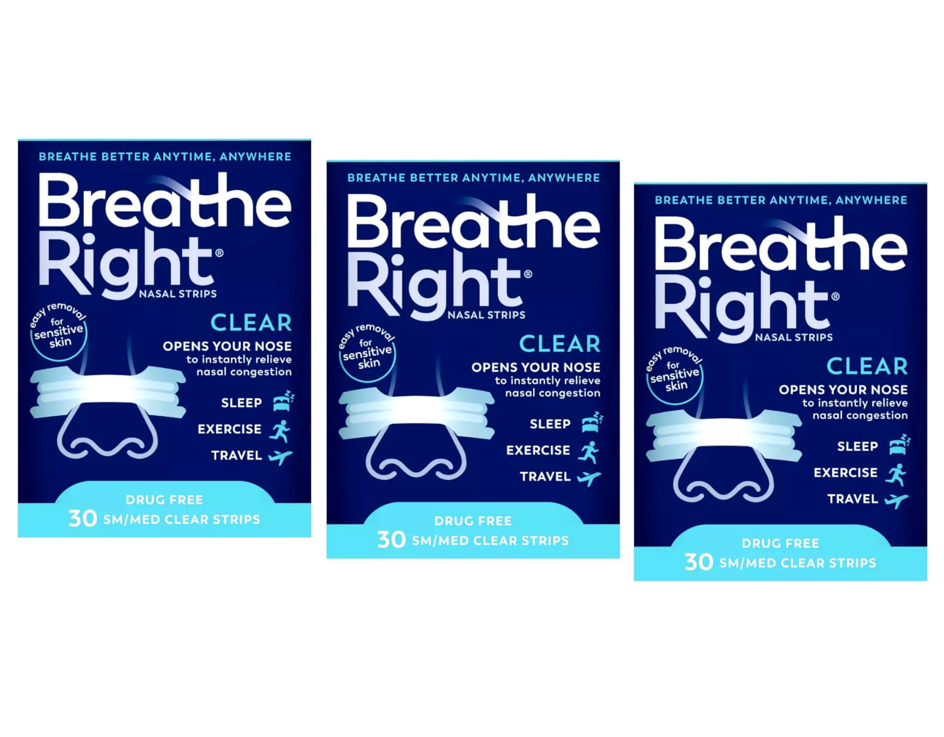 Tiras nasales Breathe Right transparentes para mejorar el flujo de aire durante la noche.